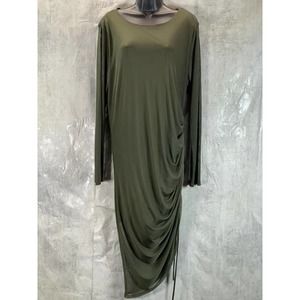 INC Women's Avalon Olive Drawstring-Ruched Long-Sleeve Bodycon Midi Dress SZ XL